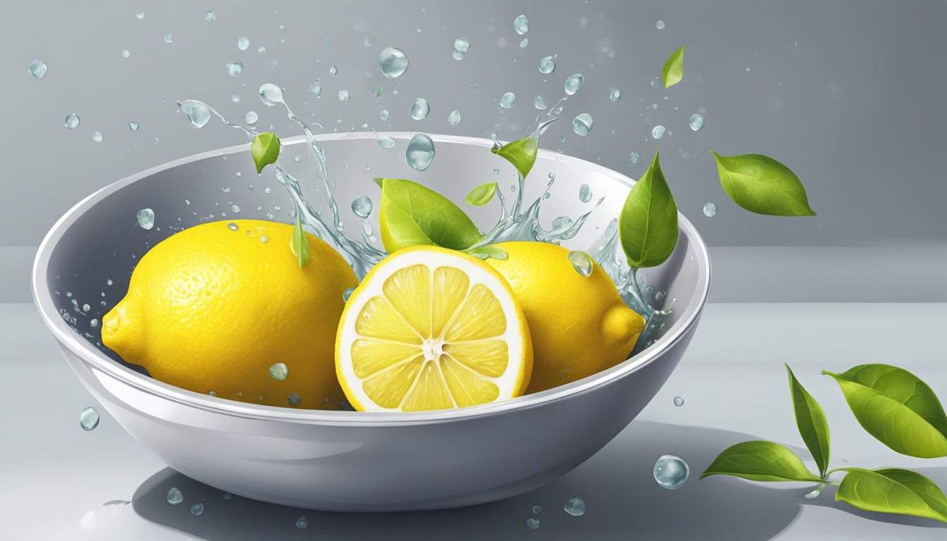 A lemon being squeezed with drops of lemon extract falling into a bowl