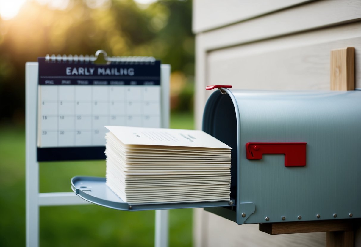 A stack of elegant wedding invitations being placed in a mailbox with a calendar in the background, emphasizing the importance of RSVPs and early mailing