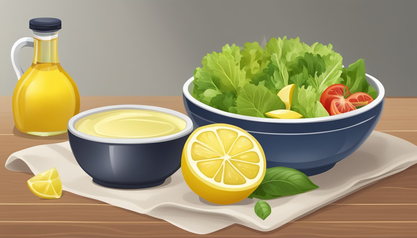 A bowl of salad dressing ingredients with a lemon and vinegar bottle next to it, showcasing the option to substitute lemon juice for vinegar