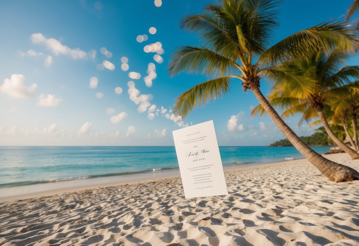 A tropical beach with palm trees and a wedding invitation being carried away by a gentle ocean breeze