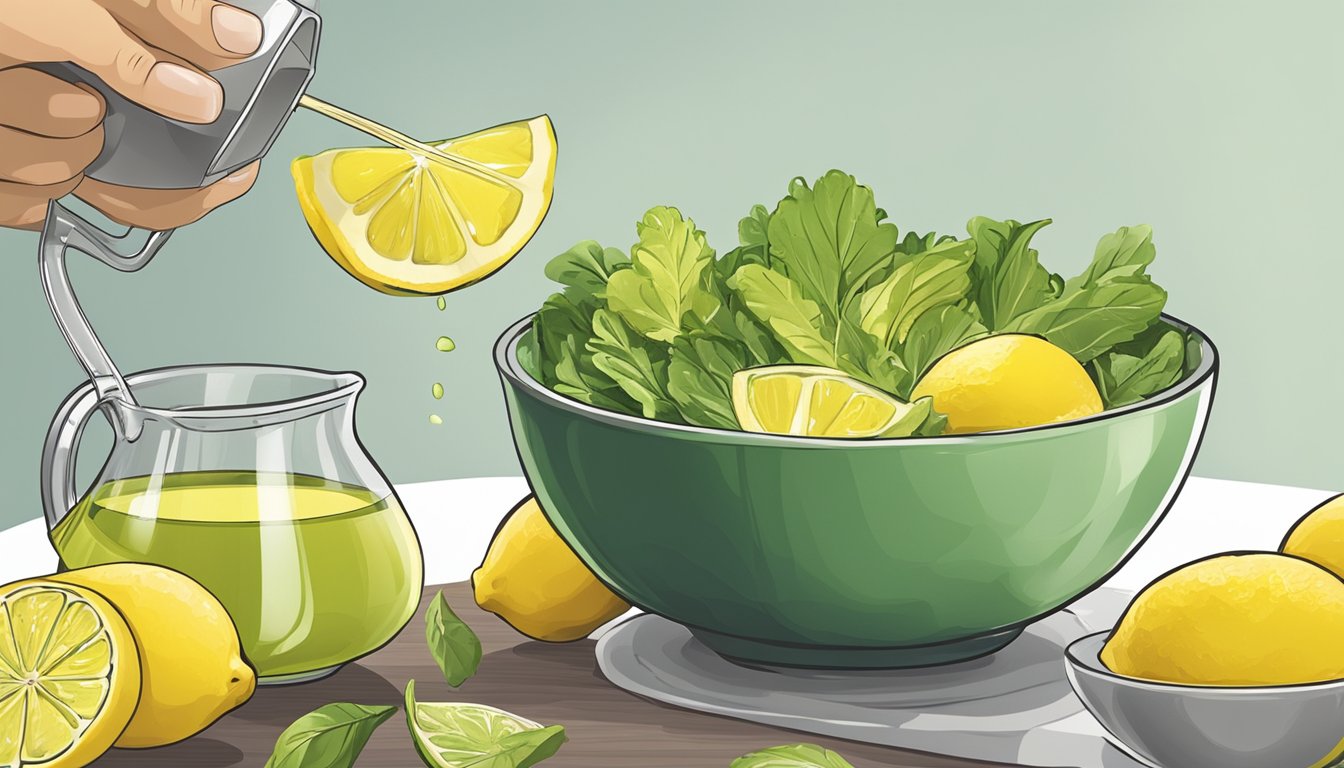 A bowl of salad dressing being prepared, with a hand pouring lemon juice from a fresh lemon into a measuring cup