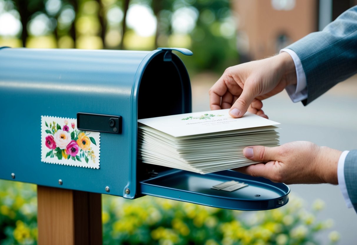 A stack of elegant wedding invitations being placed into a mailbox with a beautiful floral stamp
