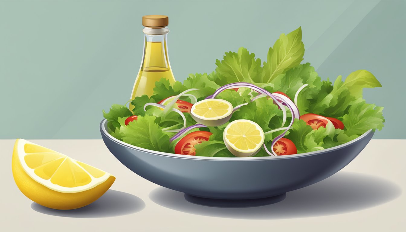 A bowl of salad with a bottle of vinegar and a lemon on the side