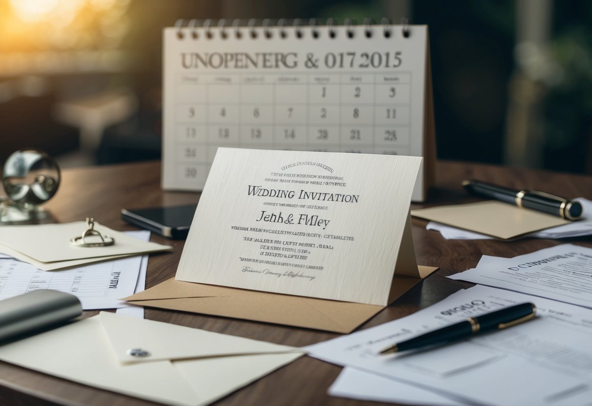 An unopened wedding invitation sits on a cluttered table, surrounded by scattered papers and a pen. A calendar with the wedding date circled looms in the background