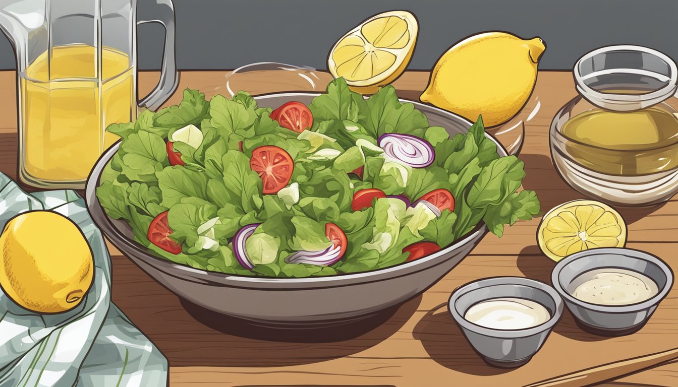 A bowl of salad dressing being prepared with a substitution of lemon juice for vinegar, with various additional ingredients being added for enhancement