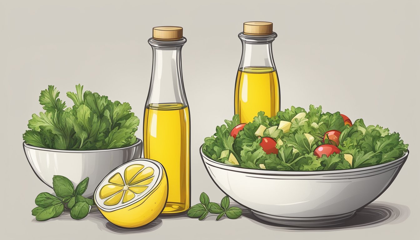 A bowl of salad with a bottle of lemon juice next to a bottle of vinegar. Ingredients such as oil and herbs are also present