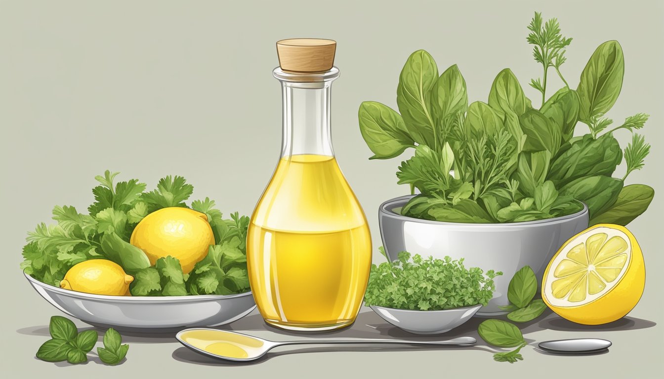 A bowl of salad dressing ingredients with a bottle of lemon juice next to a bottle of vinegar, surrounded by fresh herbs and a mixing spoon