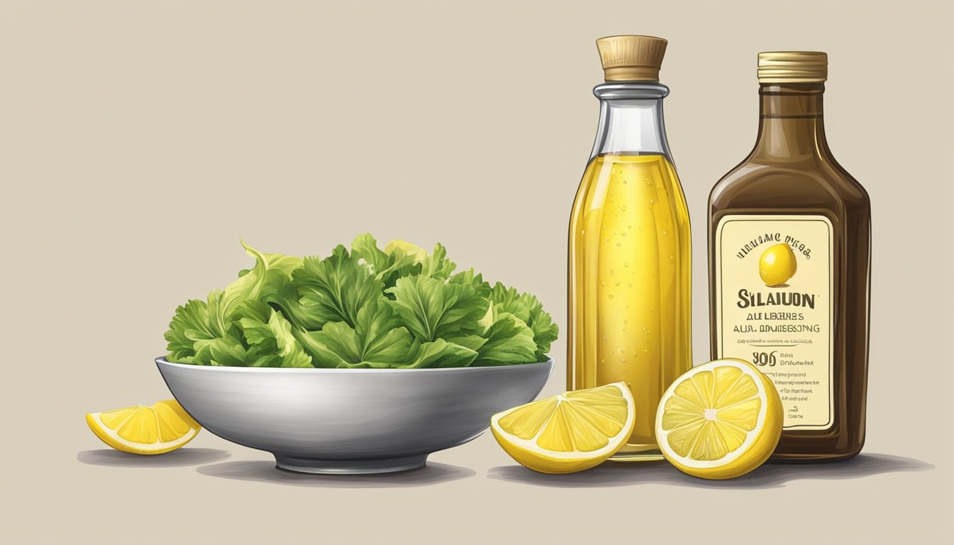 A bowl of salad dressing ingredients with a lemon and a bottle of vinegar, with the lemon being squeezed into the bowl