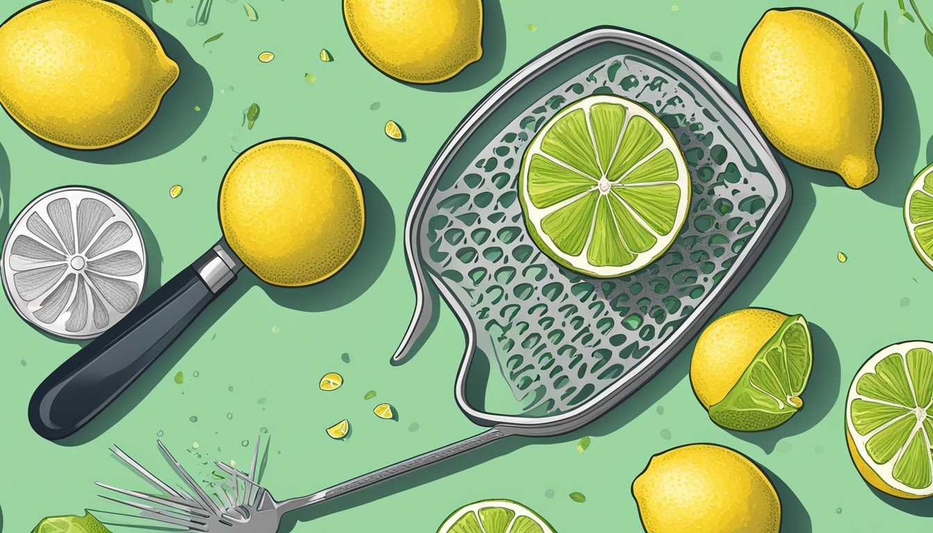 A hand grating a lime with a zester, with a bowl of lemon zest nearby