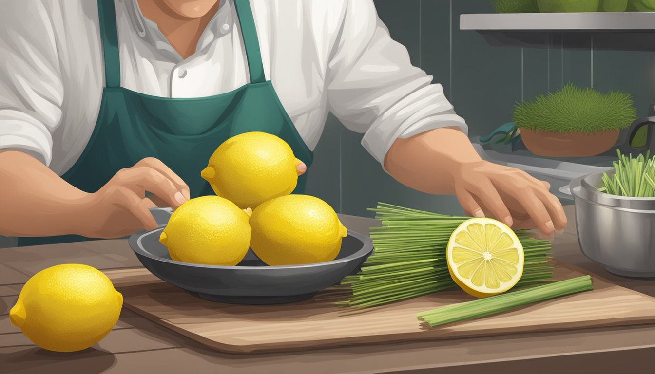 A chef grating a fresh lemon for zest, while a bundle of lemongrass sits nearby, ready to be used as a substitute