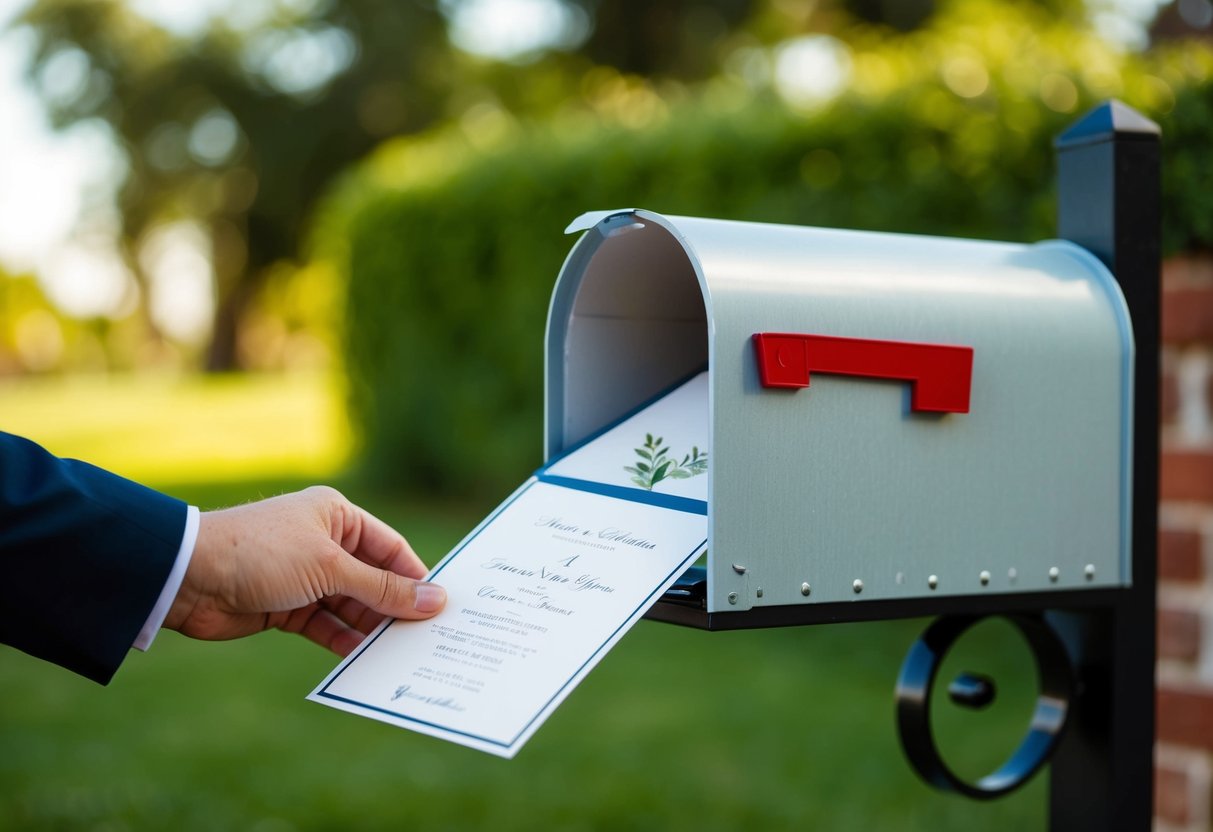 A wedding invitation being placed in a mailbox