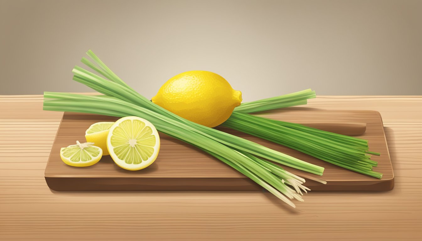 Lemongrass stalks and a zester on a cutting board. Lemon zest and chopped lemongrass in separate bowls