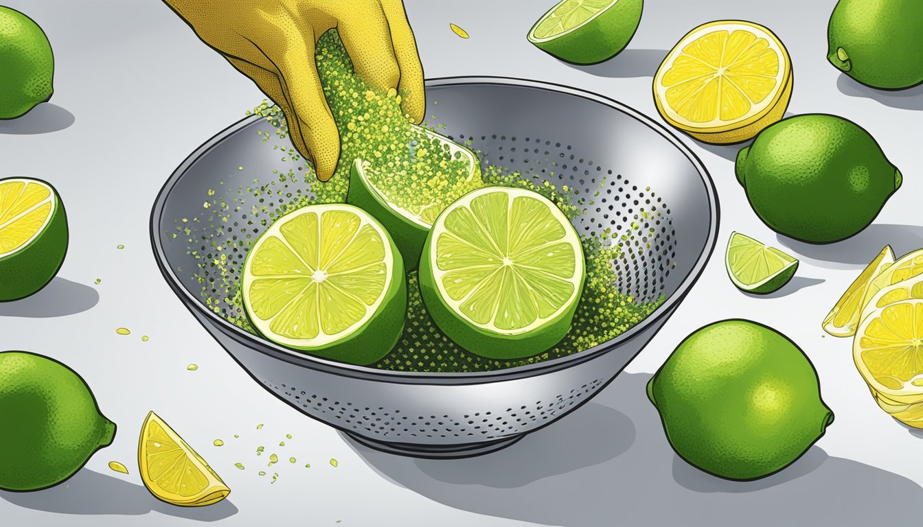 A hand grating a lime over a bowl of lemon zest