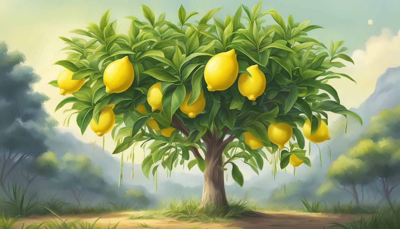 A vibrant lemon tree with lemongrass growing at its base, surrounded by scattered lemon zest