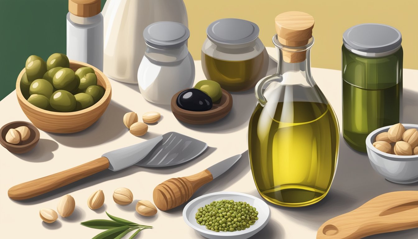 A kitchen counter with a bottle of macadamia nut oil next to a bottle of olive oil, surrounded by various cooking ingredients and utensils