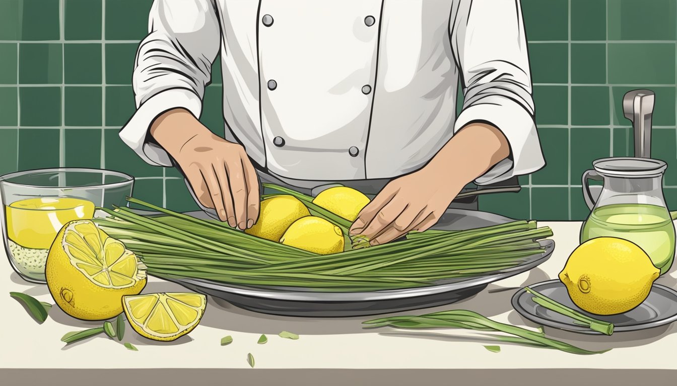 A chef grating fresh lemongrass over a dish, with a pile of lemons and a zester nearby