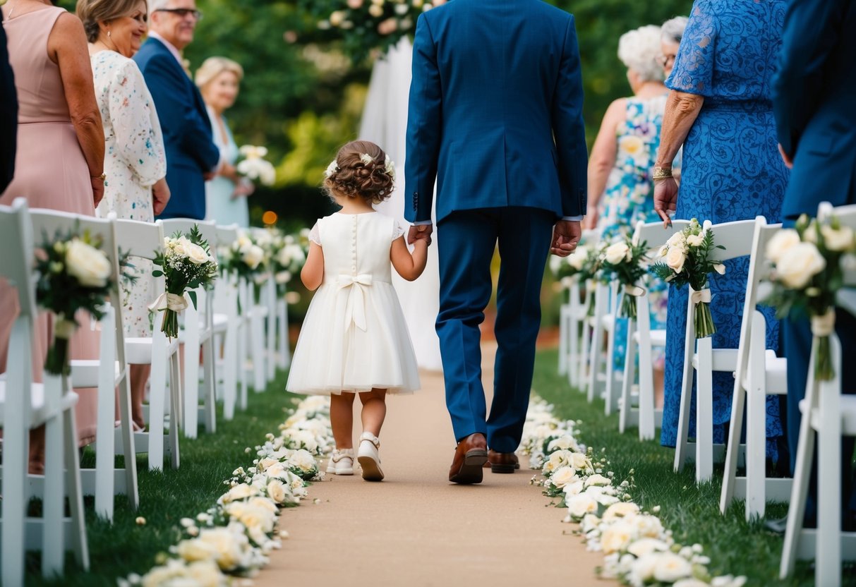 A young child walks two elderly figures down a flower-lined aisle