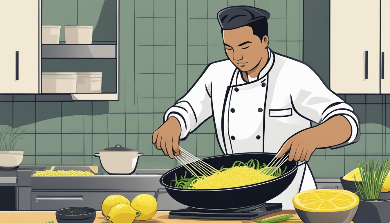 A chef grating lemon zest into a sizzling pan of stir-fry, with a bundle of lemongrass sitting nearby as a potential alternative