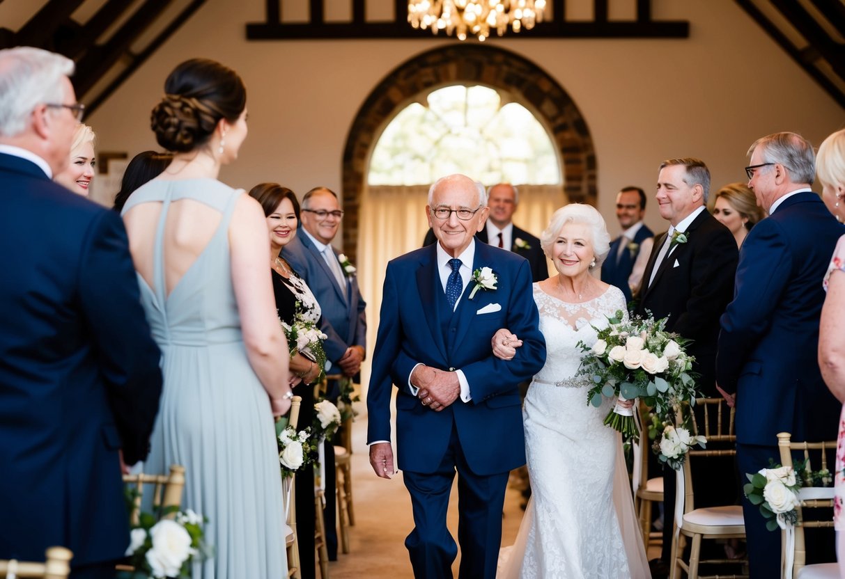A grandparent is being escorted down the aisle by family members