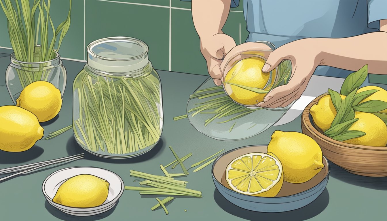 A person grates lemongrass into a bowl, next to a pile of fresh lemons. A jar labeled "substitute" sits on the counter