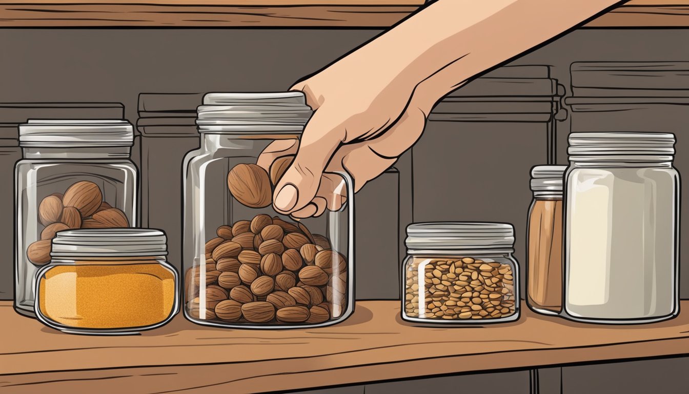 A hand reaching for a jar of mace next to a jar of nutmeg on a spice rack