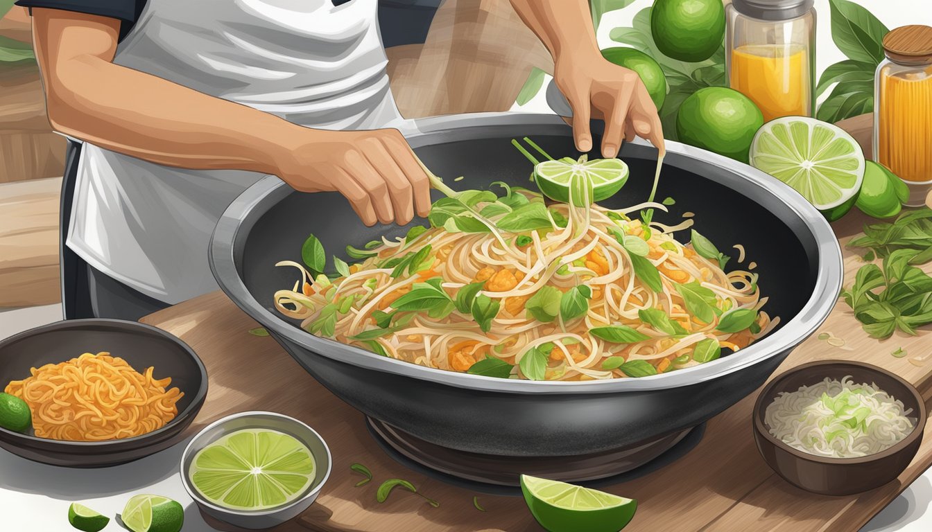 A chef squeezing fresh lime juice into a sizzling wok of Pad Thai ingredients, replacing tamarind paste