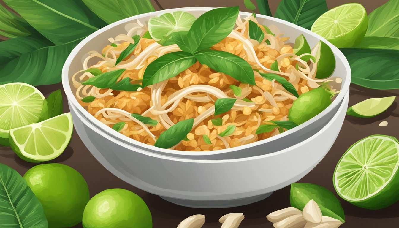 A bowl of pad thai with lime slices instead of tamarind paste, surrounded by lime fruits and leaves