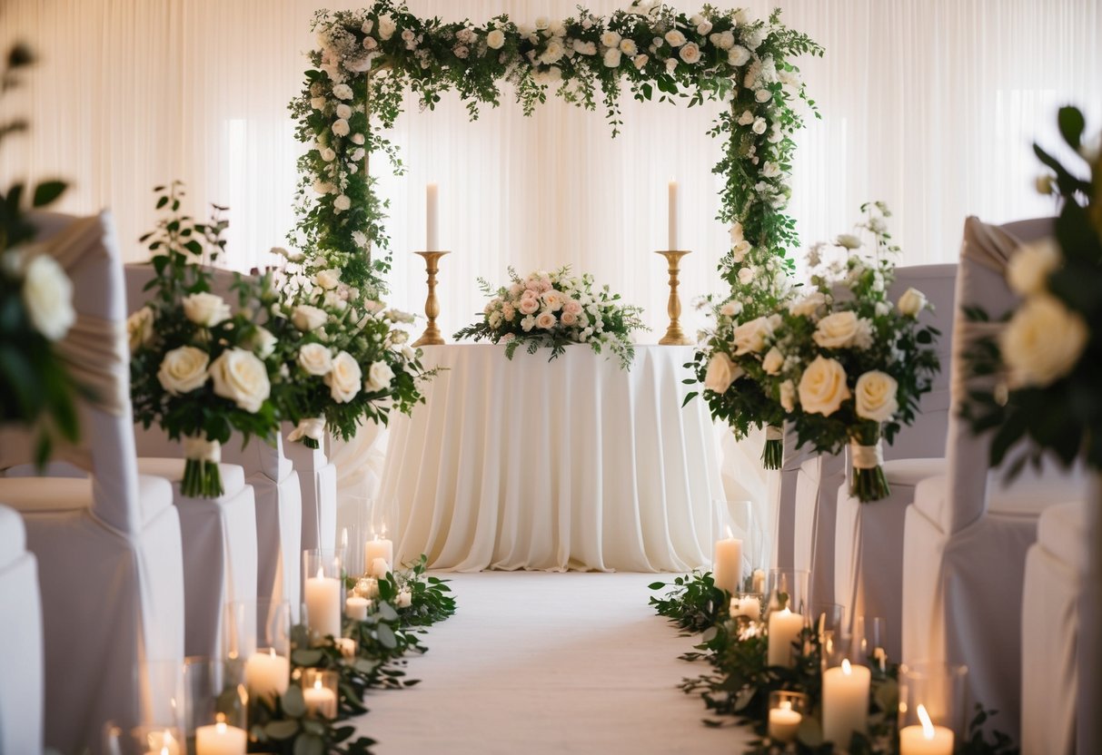 The end of the wedding aisle, known as the altar, is adorned with flowers and candles, framed by elegant drapery and bathed in soft, romantic lighting