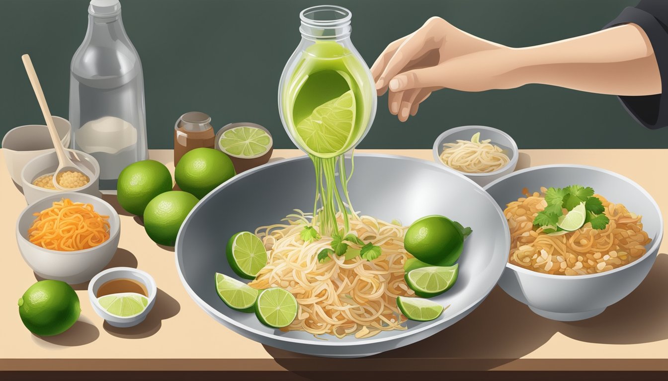 A chef pours lime juice into a bowl of ingredients for pad thai, with a bottle of tamarind paste nearby