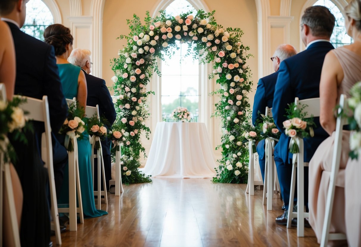 A flower-adorned arch at the end of the wedding aisle