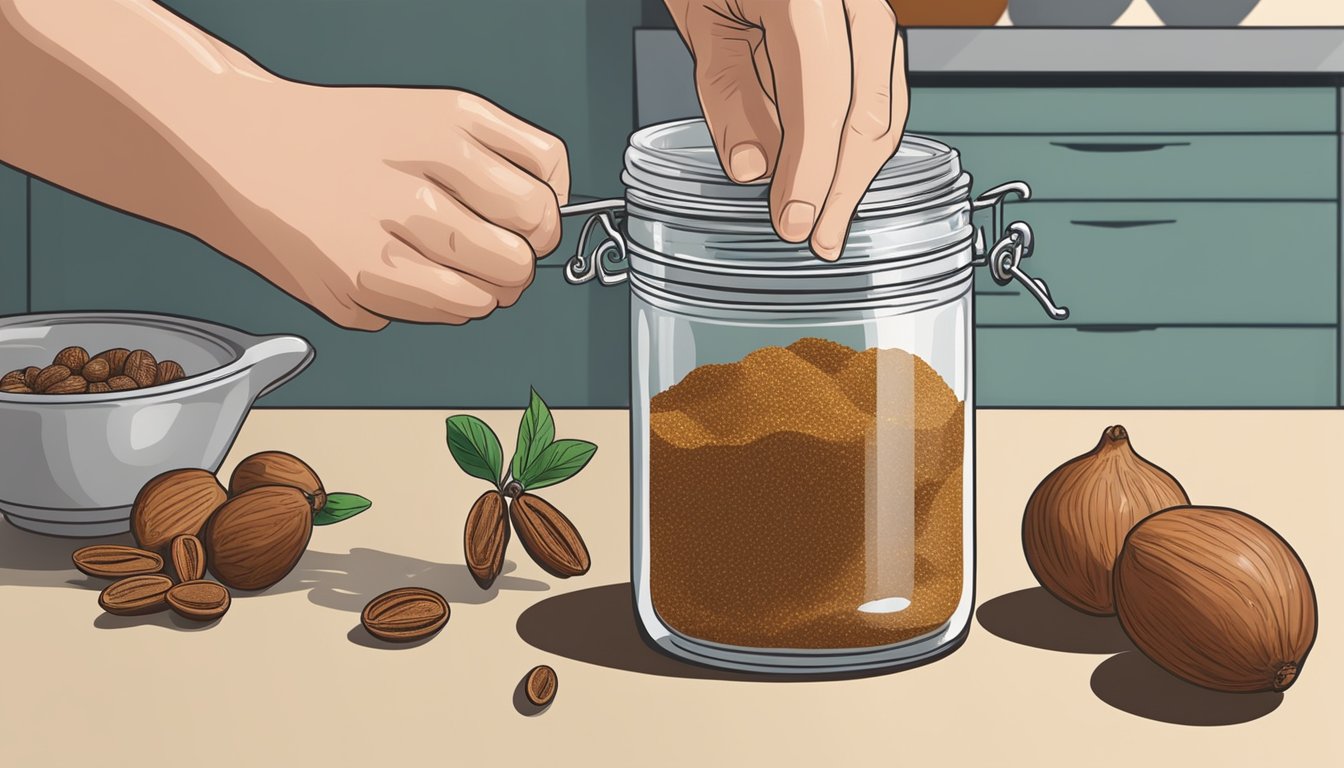 A hand reaching for a jar of mace while a jar of nutmeg sits nearby on a kitchen counter