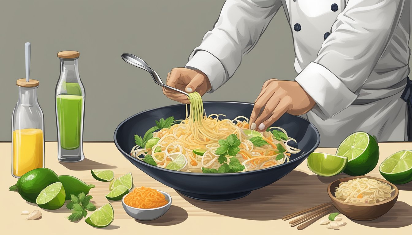 A chef pours lime juice from a small bottle into a bowl of ingredients for pad thai, with a measuring spoon nearby