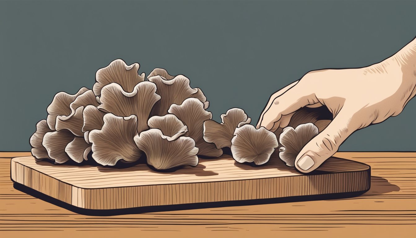 A hand reaching for maitake mushrooms in place of shiitake on a wooden cutting board