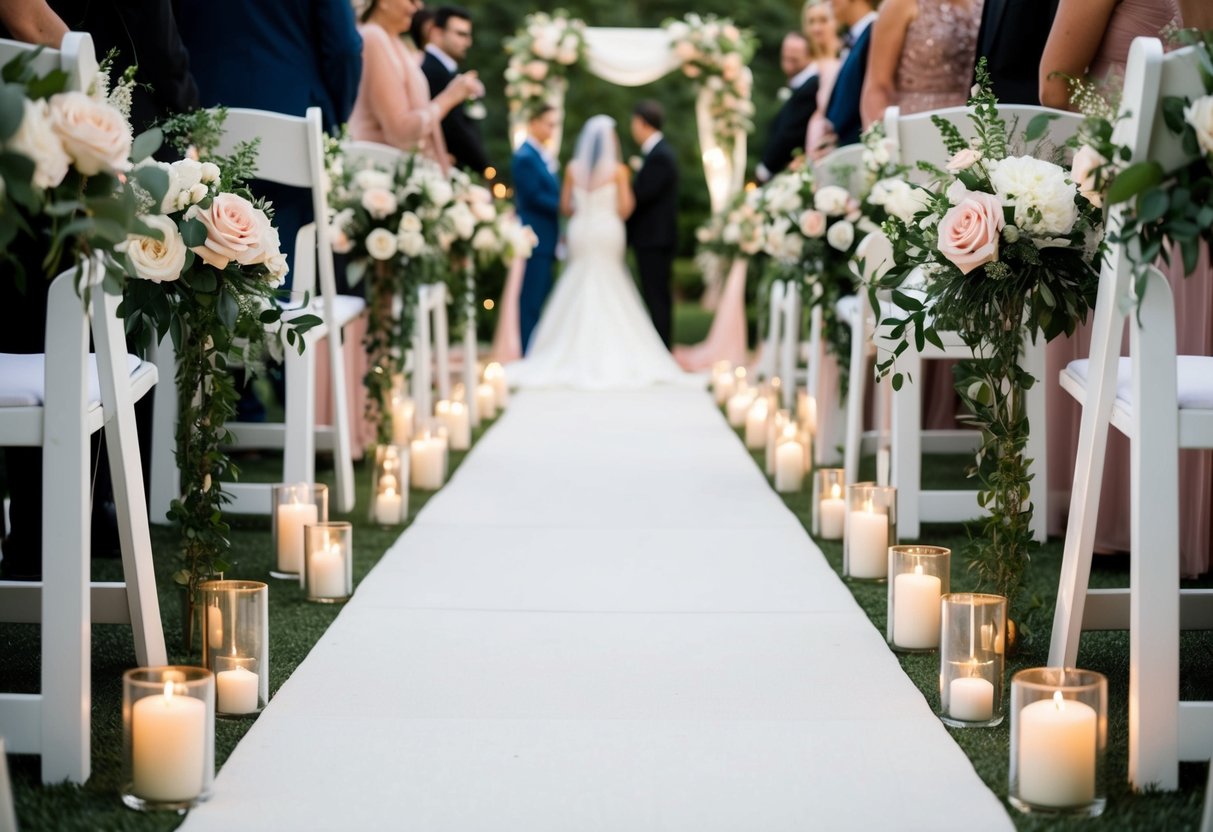 The end of the wedding aisle is adorned with floral arrangements and decorative elements, creating a romantic and personalized atmosphere
