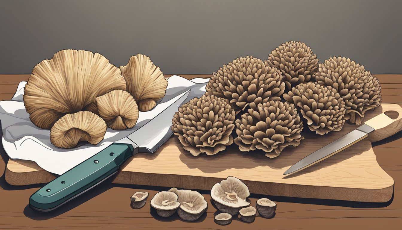 Maitake mushrooms arranged next to shiitake mushrooms, a knife, and a cutting board