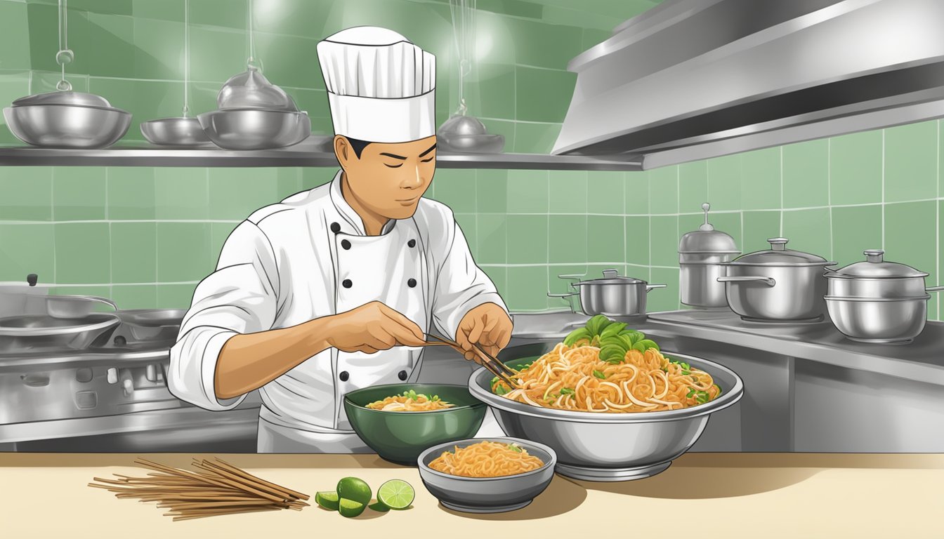 A bowl of Pad Thai being prepared, with a chef squeezing fresh lime juice onto the dish instead of using tamarind paste