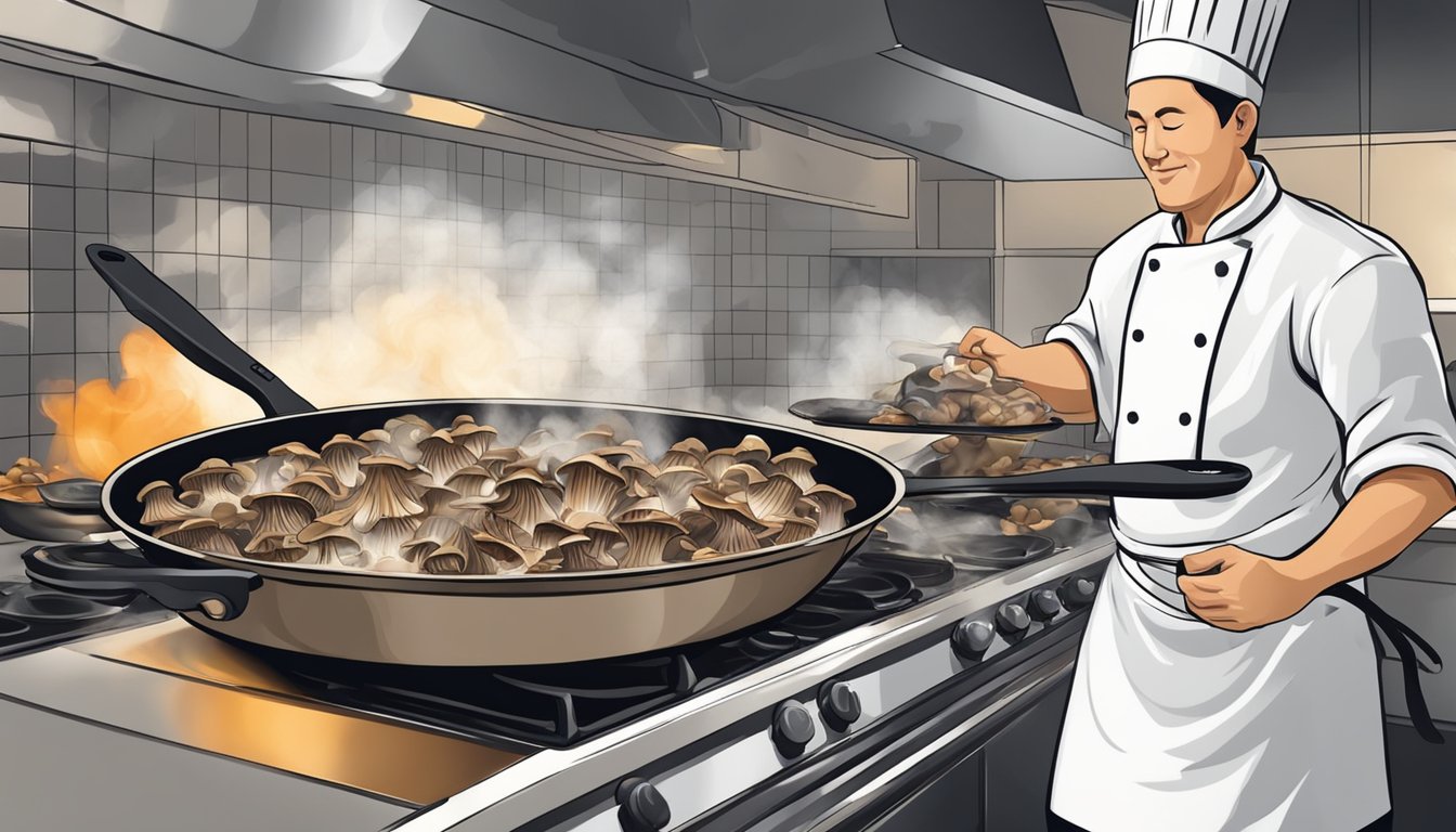 A chef sautés maitake mushrooms in a sizzling pan, replacing shiitake in various dishes. The aroma fills the kitchen as the mushrooms cook to perfection