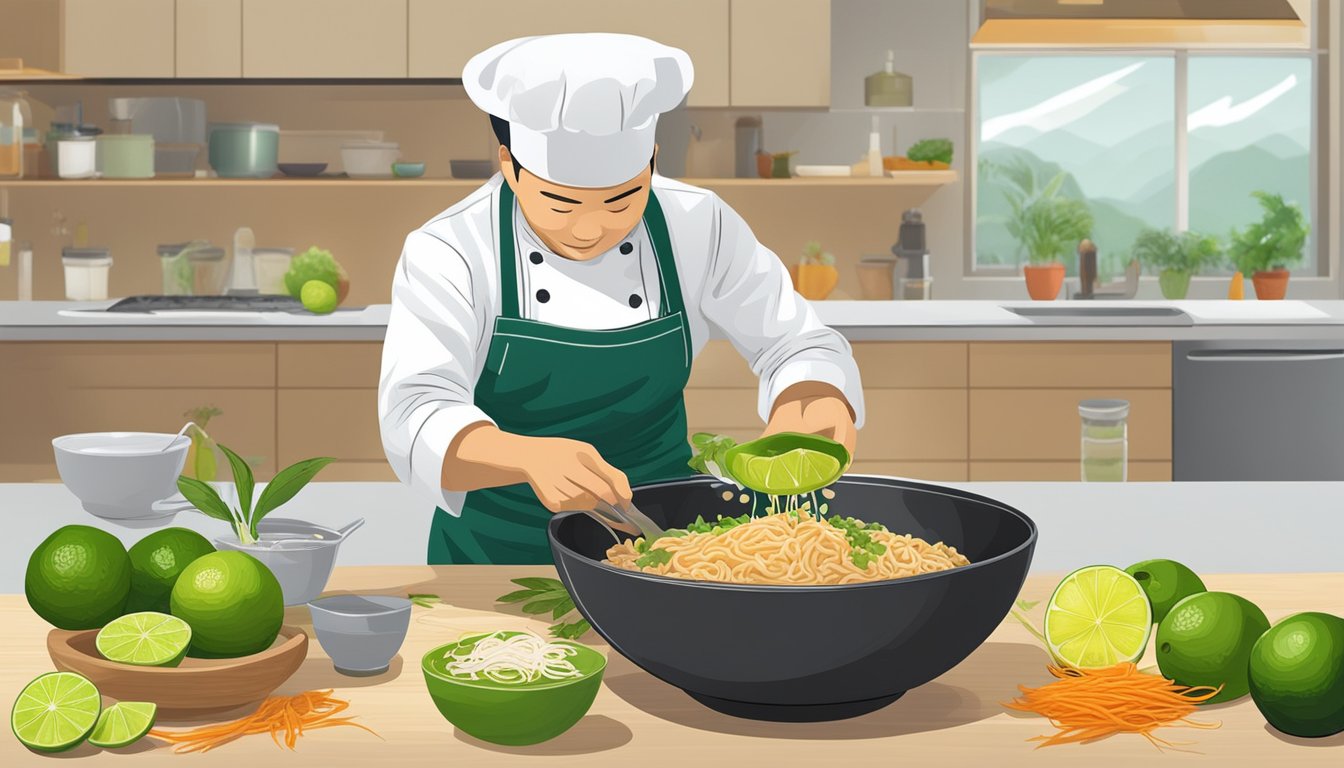 A chef pours lime juice into a bowl of ingredients for pad thai, showcasing how to substitute lime juice for tamarind paste