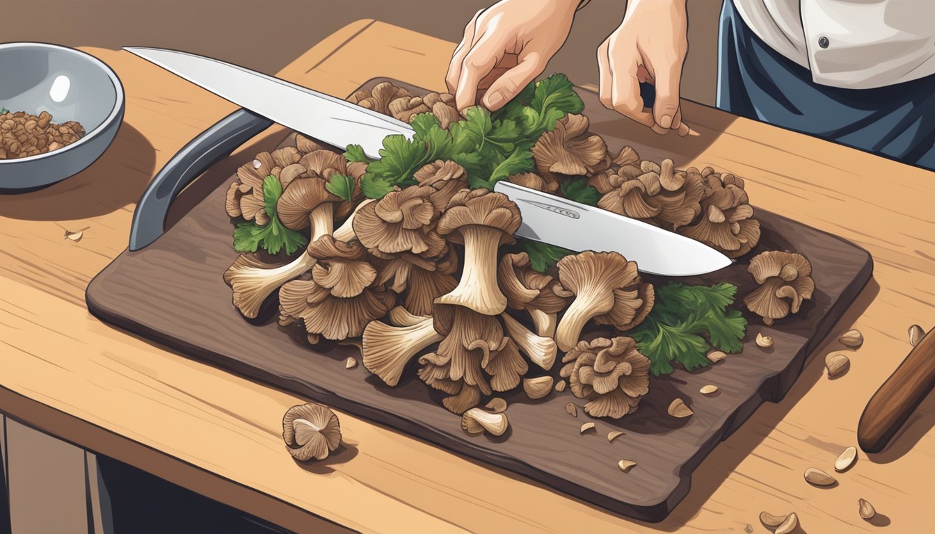 Maitake mushrooms being swapped for shiitake in a stir-fry, with a chef's knife and cutting board nearby