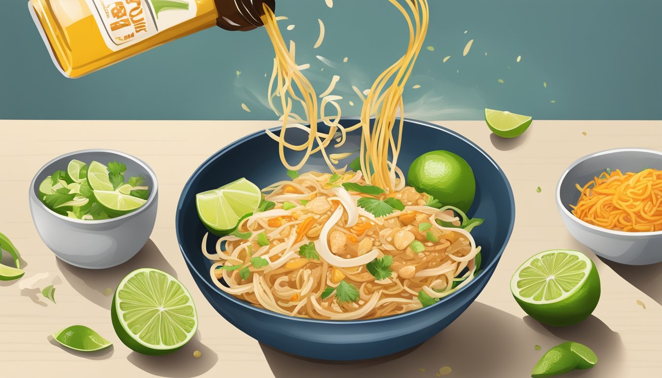 A bowl of pad thai being prepared, with a bottle of lime juice being poured into the mix instead of tamarind paste