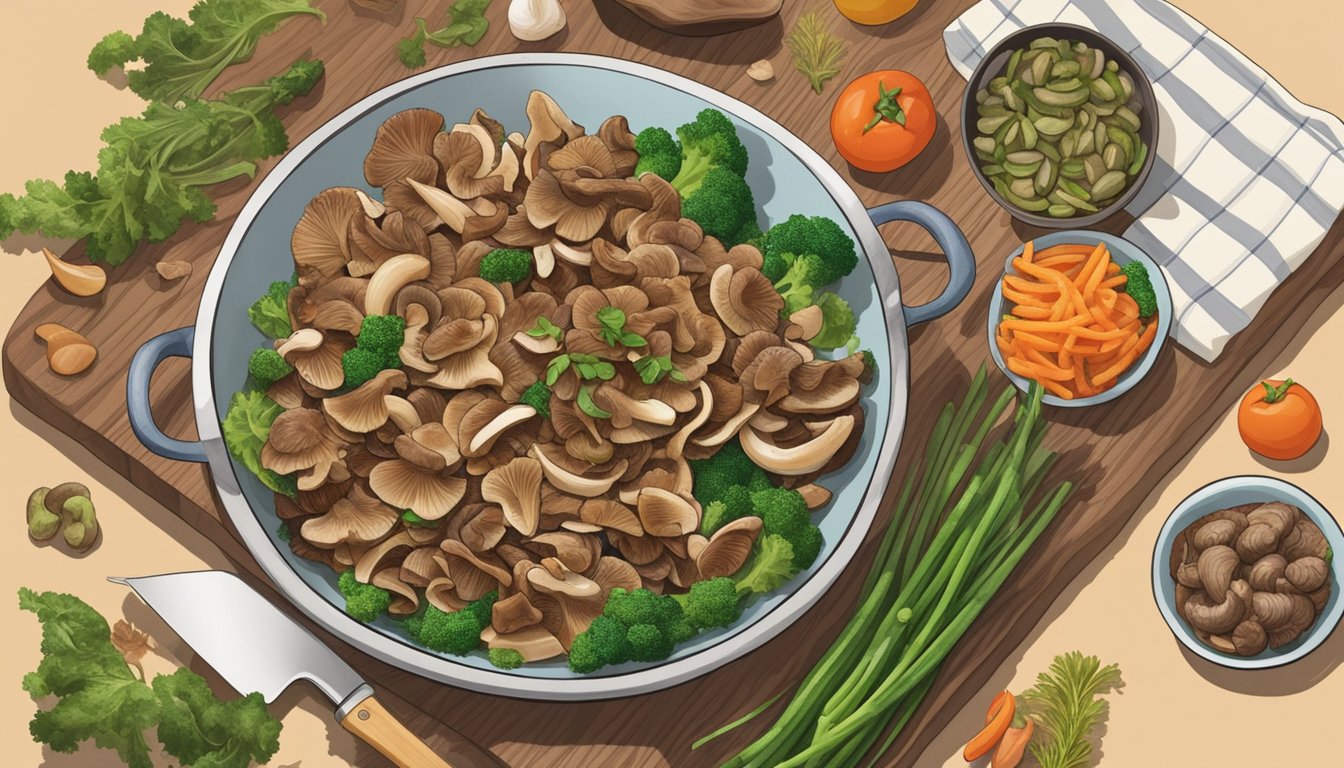 A chef swapping shiitake for maitake in a stir-fry, surrounded by fresh vegetables and a cutting board