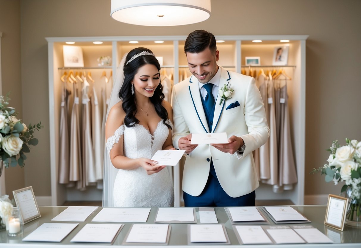 A bride and groom selecting elegant wedding invitation samples at a stationery boutique