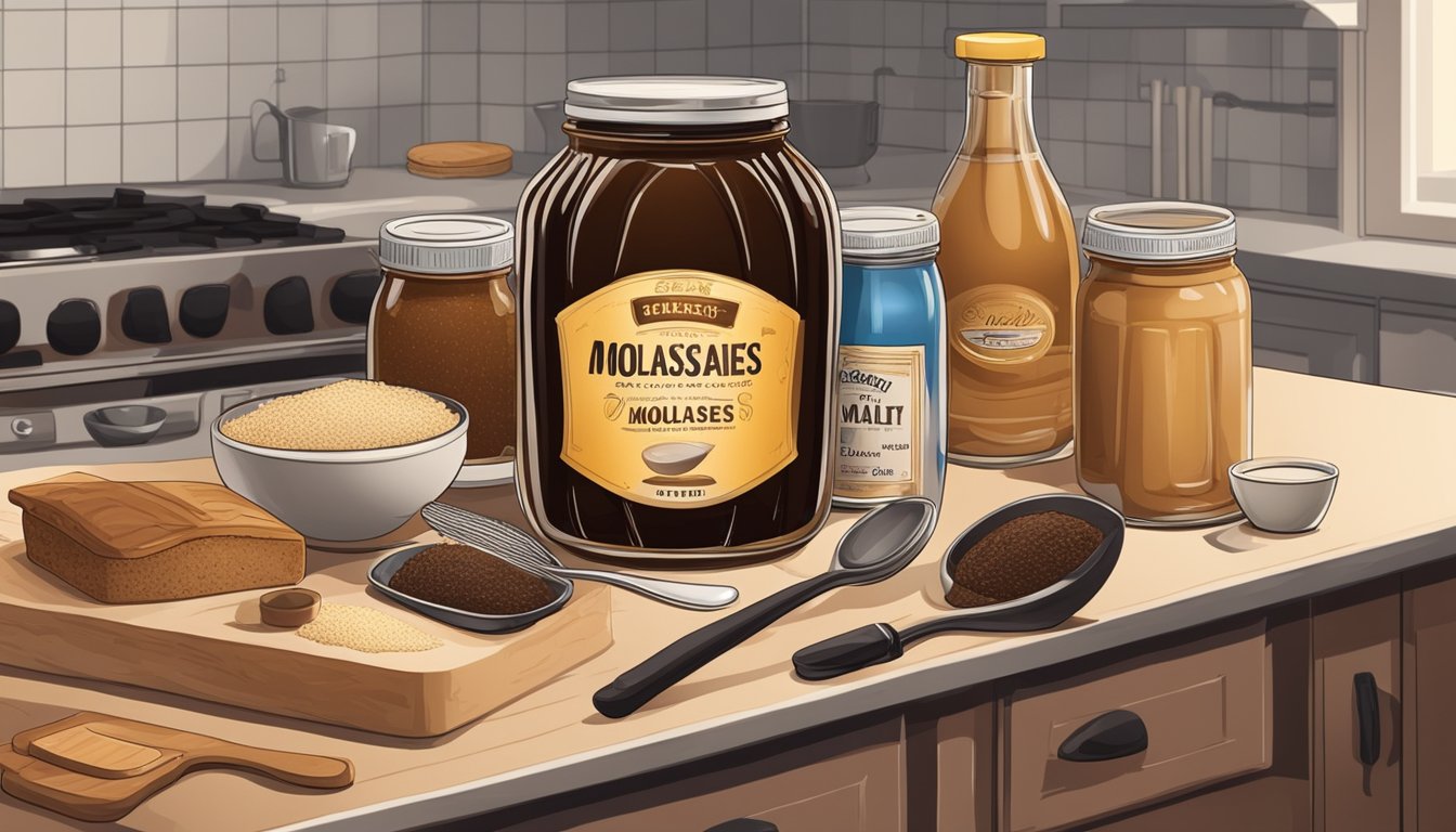 A jar of malt syrup next to a bottle of molasses, surrounded by various baking ingredients and utensils on a kitchen counter