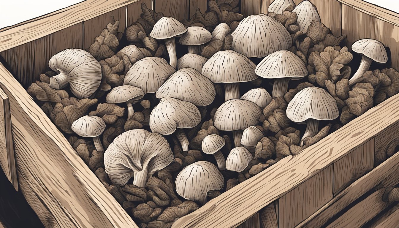 A hand reaching for a bunch of maitake mushrooms in a wooden crate, with shiitake mushrooms placed next to it for comparison