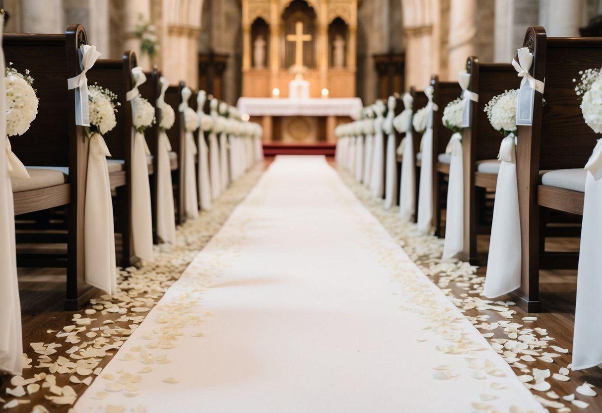 A white aisle runner stretches down the center of a grand church, adorned with delicate flower petals and leading towards an intricately decorated altar
