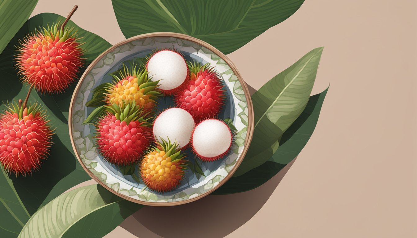 A bowl of rambutan being replaced with lychee, with the two fruits side by side for comparison