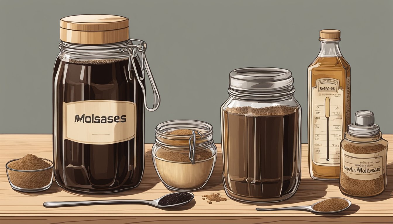 A jar of malt syrup and a jar of molasses on a kitchen counter, surrounded by various ingredients and measuring spoons