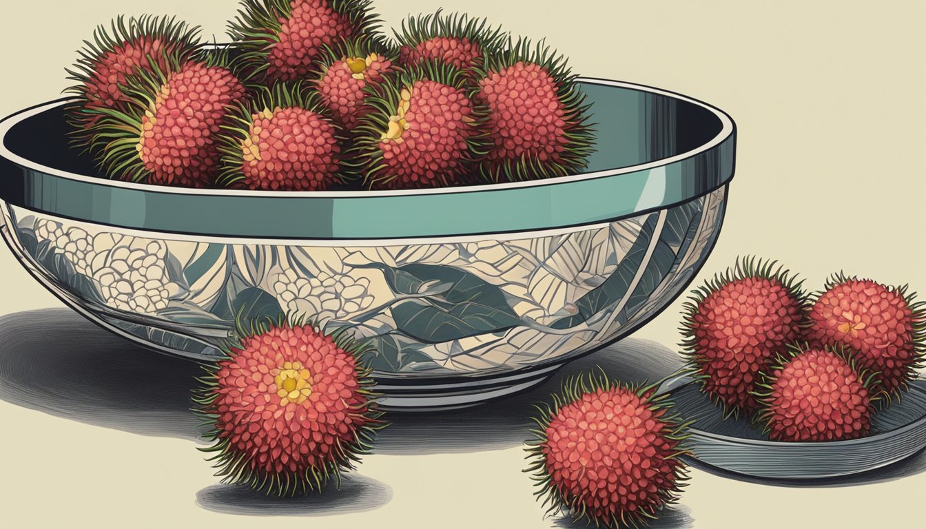 A bowl of fresh lychees and rambutans side by side, with a knife and cutting board, showcasing the process of substituting one for the other