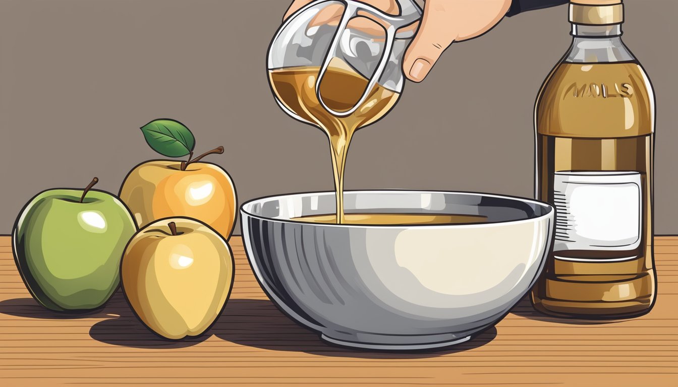 A bottle of malt vinegar being poured into a measuring cup, alongside a bowl of apples and a bottle of apple cider vinegar