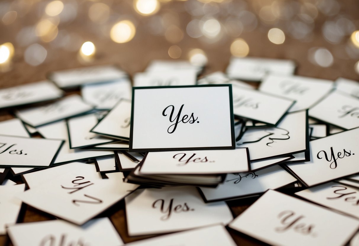 A pile of wedding RSVPs with a majority marked "yes."